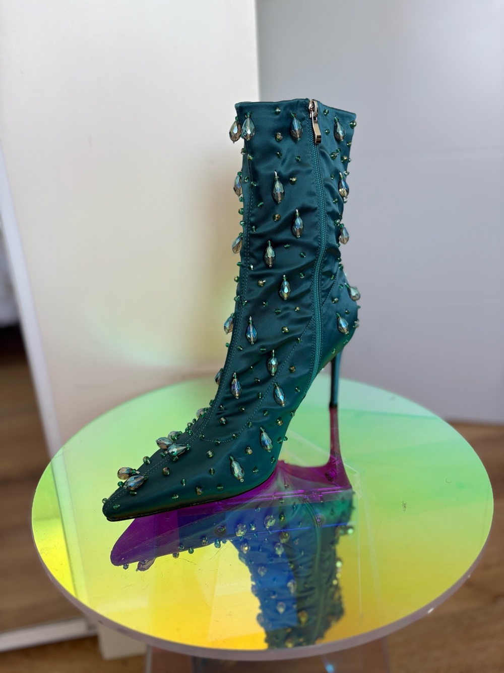 Embellished Teal Stiletto Ankle Boot with Side Zip